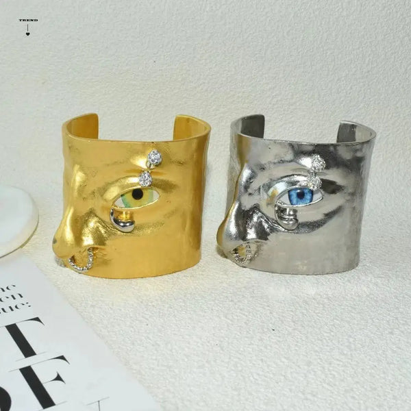 Metal Exaggerated Open Bangle Five Senses Europe American Style Alloy Plated Eyes Bracelets Unique Wide Geometric Cuff Bangles