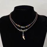 Vintage Men's Wolf Tooth Pendant Necklace Double Layer Leather Rope Necklaces Ancient Tribe Prayer Beaded Choker Charm Chains