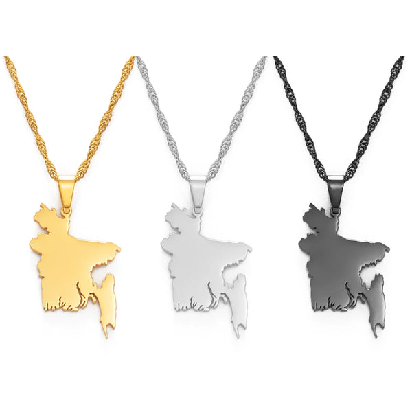 Anniyo Map of Bangladesh Pendant Necklaces Gold Color for Women Girls Stainless Steel Bangladeshi Maps Chains Bengali #154521