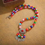 Bohemia Vintage Ethnic Leaf Red Stone Tassel Necklace For Women Gypsy Sliver Color Long Chain Necklace For Girls Tibetan Jewelry