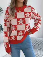 VigoCasey 2025 Autumn Winter Christmas Knitted Sweater Women Casual Plaid Print Pullover Lady Lantern Long Sleeve Loose Jumper
