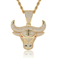 Fashion Animal Bull Head Pendant Necklace For Men Hiphop Iced Out Bling Micro Paved Red CZ Necklace Punk Rock Biker Jewelry