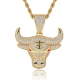 Fashion Animal Bull Head Pendant Necklace For Men Hiphop Iced Out Bling Micro Paved Red CZ Necklace Punk Rock Biker Jewelry