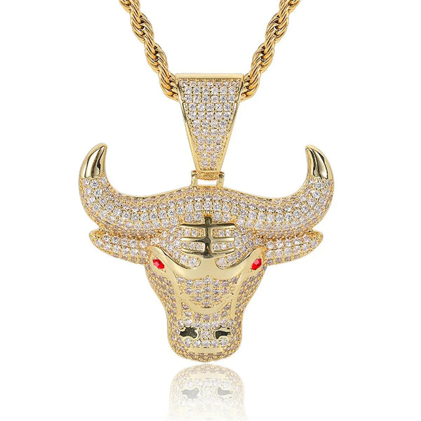 Fashion Animal Bull Head Pendant Necklace For Men Hiphop Iced Out Bling Micro Paved Red CZ Necklace Punk Rock Biker Jewelry