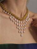 Stainless Steel Crawler Necklace Bracelet For Women 18k Gold Plated Imitation Pearl Tassel Charm Women's Necklaces Bracelets Set