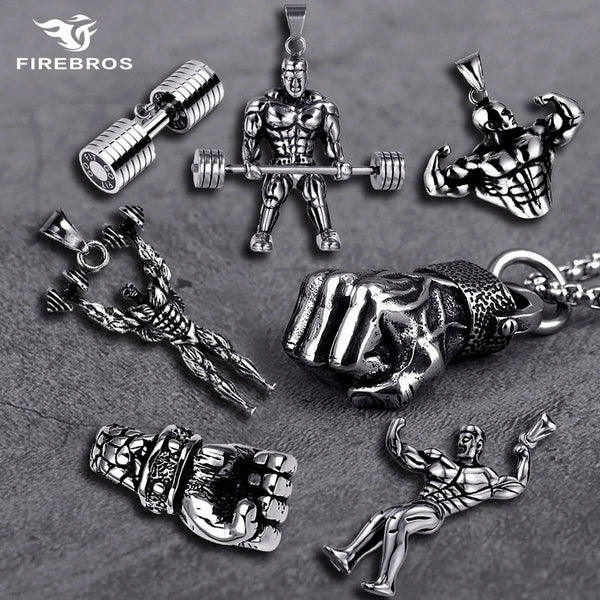 FIREBROS 2025 New Stainless Steel Vintage Gym Fitness Dumbbel Pendant Necklace Men Women Hiphop Rock Jewelry Gift Dropshipping