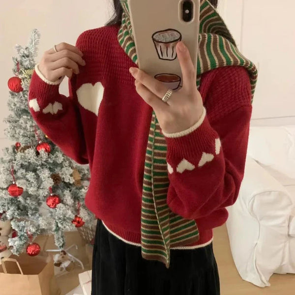 Xingqing Christmas y2k Sweaters Women Clothes Heart Print Round Neck Long Sleeve Knitted Pullover Tops 2000s Aesthetic Clothing