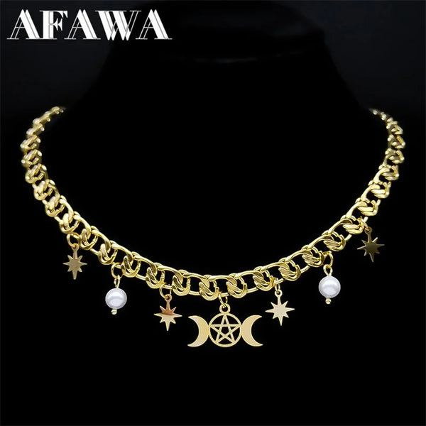 Witch Triple Moon Pentagrams Choker Necklace Stainless Steel Divination Necklaces Korean Aesthetic Jewelry collares N1729S02