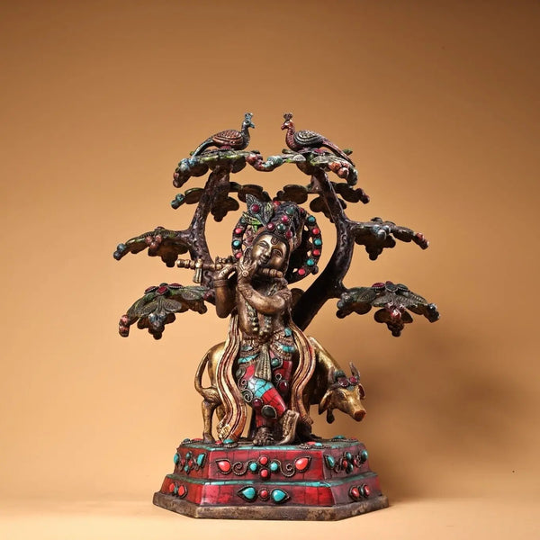 13 inch bronze gold inlay Gem Indian Buddhism Visnu Krishna gods deities statue