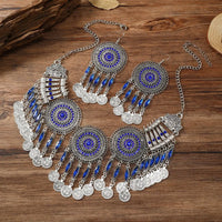 KMVEXO Gypsy Bohemia Chic Vintage Metal Coin Crystal Tassel Jewelry Sets Women Hippie Turkish Ethnic Tribal Necklace Earring Set