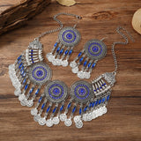 KMVEXO Gypsy Bohemia Chic Vintage Metal Coin Crystal Tassel Jewelry Sets Women Hippie Turkish Ethnic Tribal Necklace Earring Set