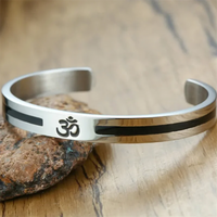 Stainless Steel OM Ohm Aum Hindu India Yoga Cuff Bangle for Men Silver-color Buddhist Religion Open Cuff Bracelet Punk Jewelry