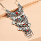 Boho Ethnic Retro Antique Gold color Alloy Carving Imitation Turquoise Coin Tassel Statement Necklace Women's Party Accessories