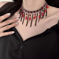 Luxurious Multi-Layer Red Beaded Flower Tassel Necklace Fashionable Choker High-End Clavicle Chain Jewelry Accessory