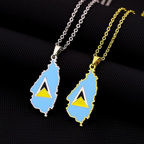 Stainless steel Saint Lucia Map pendant Necklace Drop oil Vintage men's and women's stainless steel pendant matching accessories