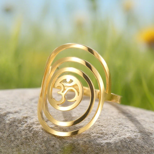 Dawapara Buddhism Spiritual OM Ohm Symbol Adjustable Ring Spiral Sacred Geometry Finger Ring Stainless Steel Jewelry