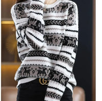 Autumn Winter Women Simple Elk Deer Jacquard Christmas Knitted Sweater Y2K Casual O Neck Long Sleeve Pullover Tops Loose Jumpers