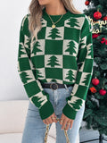 VigoCasey 2025 Autumn Winter Lady Christmas Knitted Sweater Women O Neck Plaid Print Pullover Lantern Long Sleeve Loose Jumper