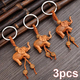 Elephant Keychain Peach Wood Carving Riches Lucky Animal Key Chain Pendant Women Bags Pom Pom Charm Home Key Rings  1-3pcs