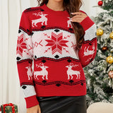 Fairyshely 2025 Winter Print Christmas Knitted Sweater Women Casual O Neck Red Pullover Autumn Ladies Long Sleeve Loose Jumper