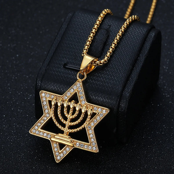 Hip Hop Iced Out Star of David Pendnat Male Gold Color Stainless Steel Candlestick Necklace For Men Jewish Party Jewelry Gift