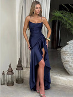 Articat Elegant Spaghetti Strap Satin Split Maxi Dress Women Sexy Backless Bodycon Party Evening Dress Summer Holiday Beachwear