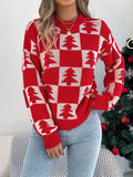 VigoCasey 2025 Autumn Winter Lady Christmas Knitted Sweater Women O Neck Plaid Print Pullover Lantern Long Sleeve Loose Jumper