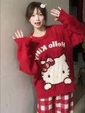Kawaii Christmas Sanrioed Cartoon Hello Kitty Knitted Sweater Women Knitting Red Knitted Tops Anime New Cute Girls Student Tops