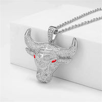 Fashion Animal Bull Head Pendant Necklace For Men Hiphop Iced Out Bling Micro Paved Red CZ Necklace Punk Rock Biker Jewelry