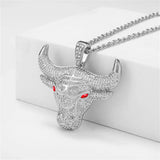 Fashion Animal Bull Head Pendant Necklace For Men Hiphop Iced Out Bling Micro Paved Red CZ Necklace Punk Rock Biker Jewelry