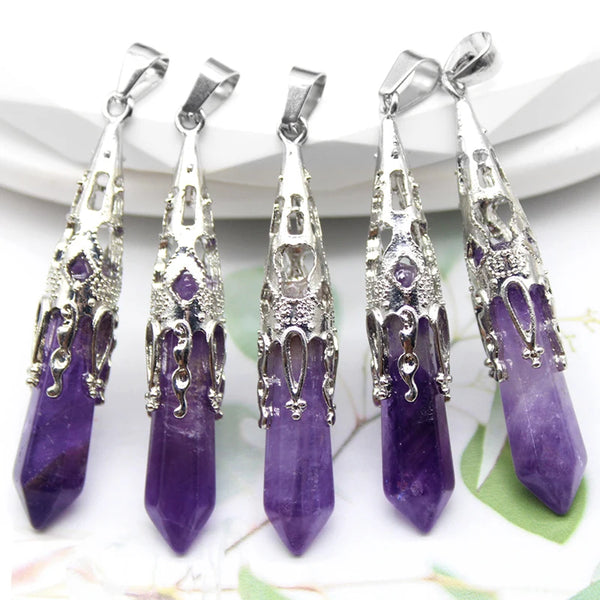 16pcs Crystal Pendulum for Divination Dowsing Natural Gem Stone Amethyst Hexagon Pendant For DIY Jewelry Making Necklace Pendant