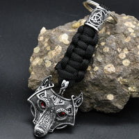 Nordic Mythology Wolf Head Keychain Men's Retro Handmade Survival Rope Lanyard Pendant Keyring Vikings Runes Vegvisir Jewelry