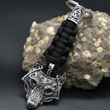 Nordic Mythology Wolf Head Keychain Men's Retro Handmade Survival Rope Lanyard Pendant Keyring Vikings Runes Vegvisir Jewelry