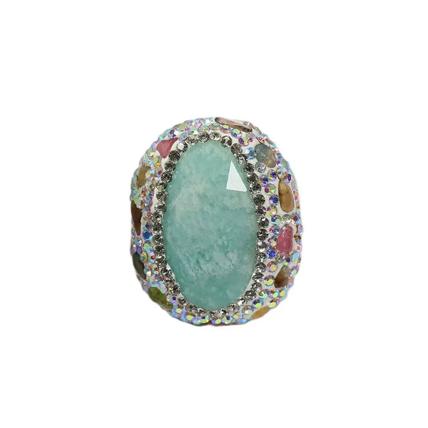 G-G Real Blue Amazonite Tourmaline Colorful CZ Paved Rings Adjustable Handmade Stone Ring Lady Simple Gifts