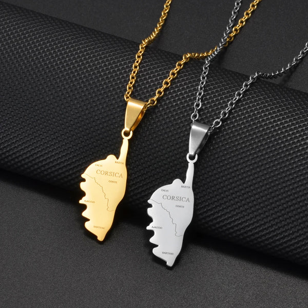 Anniyo Corsica Corse Map With Village Name Pendant Necklaces Stainless Steel France Jewelry #012362