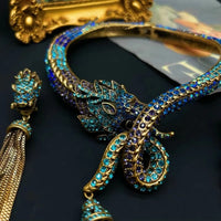 European and American medieval retro zodiac dragon animal blue European and American heavy industry tassel rhinestone earring ne