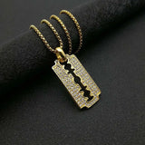 Trendy Titanium Steel Gold Plated Rhinestones Blade Pendant Necklace Creative Personality Men's Hip Hop Fashion Jewelry