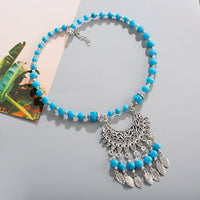 Bohemia Vintage Ethnic Leaf Red Stone Tassel Necklace For Women Gypsy Sliver Color Long Chain Necklace For Girls Tibetan Jewelry