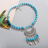 Bohemia Vintage Ethnic Leaf Red Stone Tassel Necklace For Women Gypsy Sliver Color Long Chain Necklace For Girls Tibetan Jewelry
