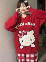 Kawaii Christmas Sanrioed Cartoon Hello Kitty Knitted Sweater Women Knitting Red Knitted Tops Anime New Cute Girls Student Tops