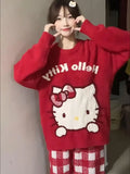 Kawaii Christmas Sanrioed Cartoon Hello Kitty Knitted Sweater Women Knitting Red Knitted Tops Anime New Cute Girls Student Tops