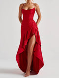 New in Summer Elegant Spaghetti Strap Satin Split Maxi Dress Women Sexy Backless Bodycon Party Evening Dress Summer Hol