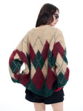 Spliced Christmas Hot Red Diamond Grid Top Checkered Round Neck Knit Long Sleeve Retro Sweater Women Street Design Loose Casual