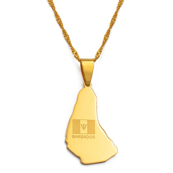 Anniyo Map of the Barbados Island With Flag Pendant Necklaces Maps Jewelry #032221
