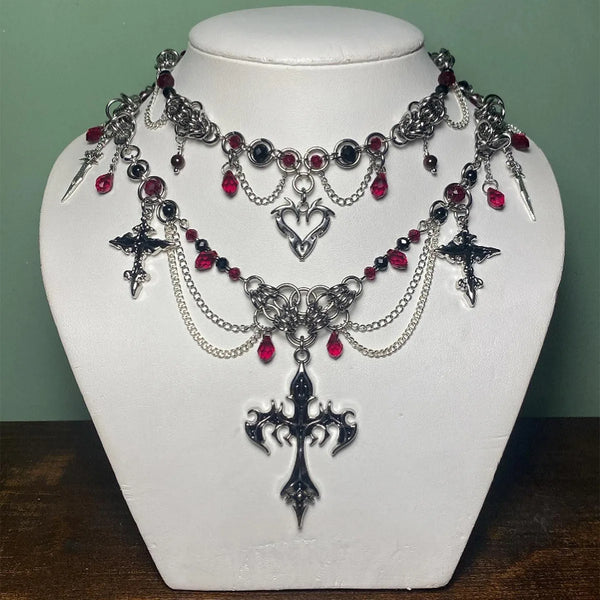 Goth Halloween Necklace for Women,Bat Cross Heart Red Crystal Pendant,Stacking Chain Dark Party Jewelry,Daily Wear&Surprise Gift