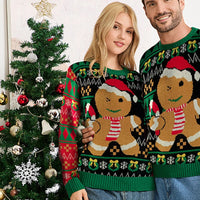 Family Matching Christmas Sweaters Gingerbread Man Green Knit Pullover Women's Long Sleeve Cozy Couple Holiday Party Outfit