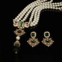 French vintage multi-layer pearl necklace set with diamonds delicate and elegant green silver stud earrings