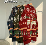 Christmas Reindeer Pullover Sweater Long Sleeve Red Loose Lazy Knitwear Horean Casual O Neck Hiphop Bf Couple Harajuku Y2K Top