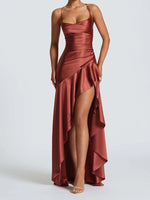 New in Summer Elegant Spaghetti Strap Satin Split Maxi Dress Women Sexy Backless Bodycon Party Evening Dress Summer Hol