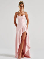 Articat Elegant Spaghetti Strap Satin Split Maxi Dress Women Sexy Backless Bodycon Party Evening Dress Summer Holiday Beachwear